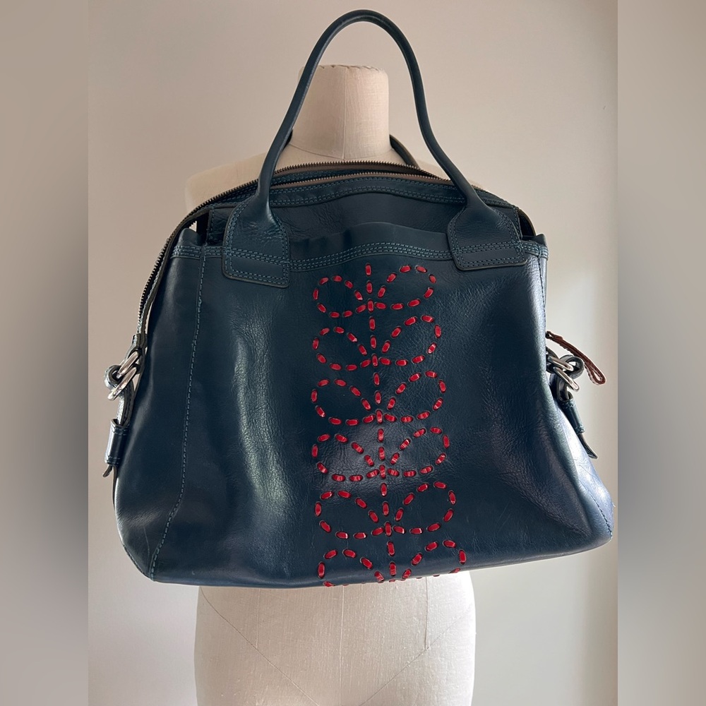 Orla Kiely large blue leather satchel purse tote red embroidery flower - Picture 2 of 14